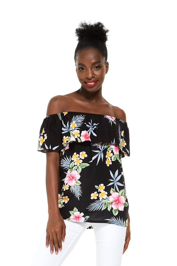 Women's Hawaiian Off-Shoulder Ruffle Muumuu Top in Hibiscus Black S
