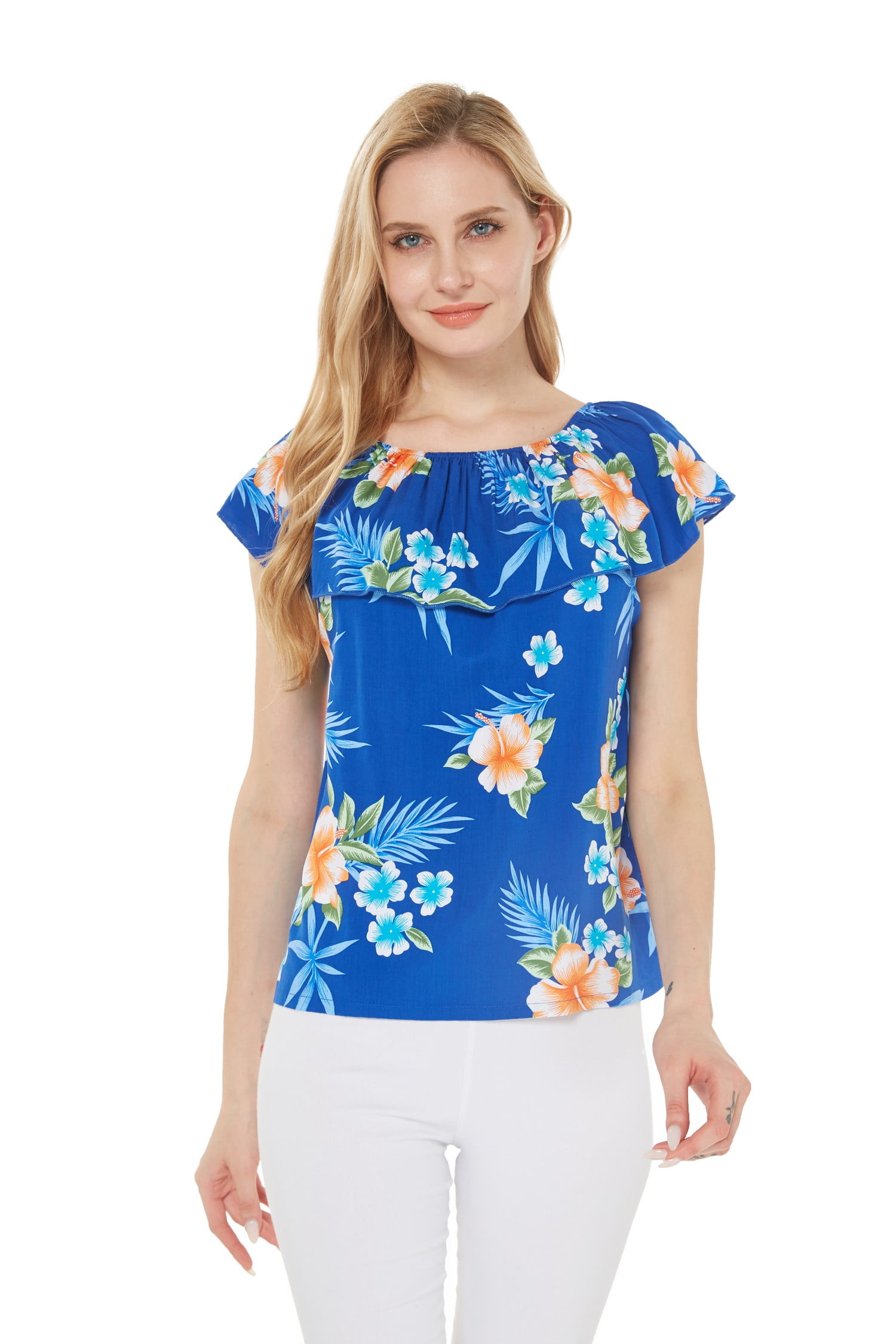 Women's Hawaiian Off-Shoulder Muumuu Top - Pink Hibiscus Vine Print Rayon Blouse