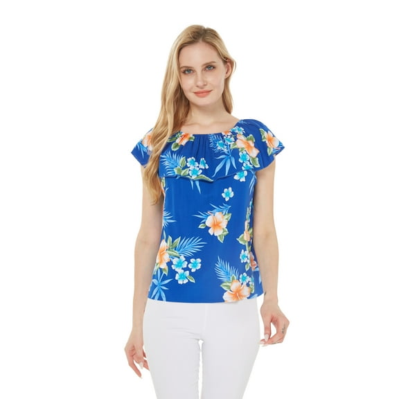 Women's Hawaiian Off-Shoulder Ruffle Muumuu Top in Hibiscus Blue M