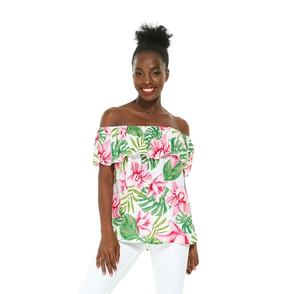 Women's Hawaiian Off-Shoulder Ruffle Muumuu Top in Lotus and Orchid 2XL