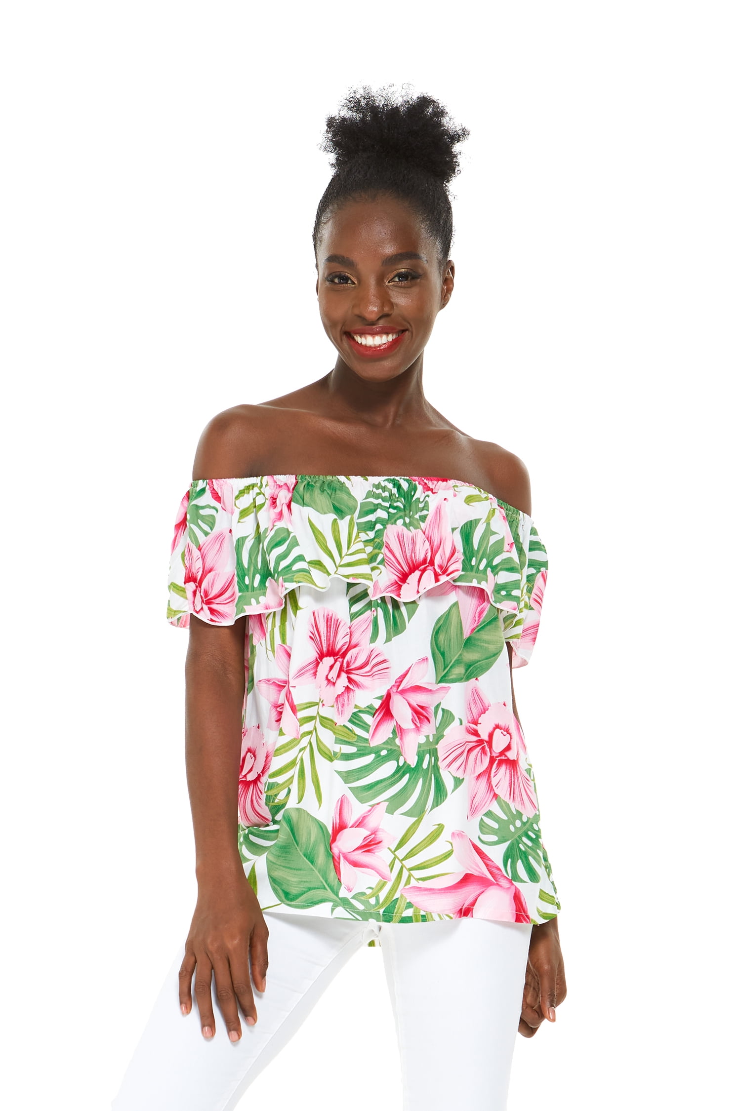 Women's Off-Shoulder Ruffle Muumuu Top - Tropical Print Rayon Blouse For Luau & Beach - View #8