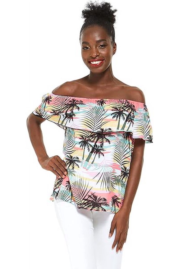 Women's Hawaiian Off-Shoulder Ruffle Muumuu Top in Neon Sunset L