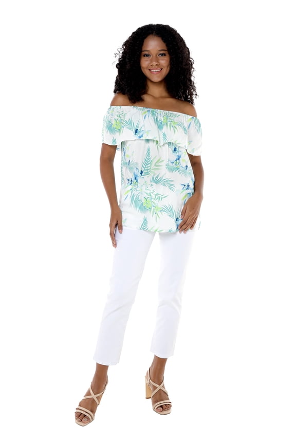 Women's Hawaiian Off-Shoulder Ruffle Muumuu Top in Orchid Breeze White M