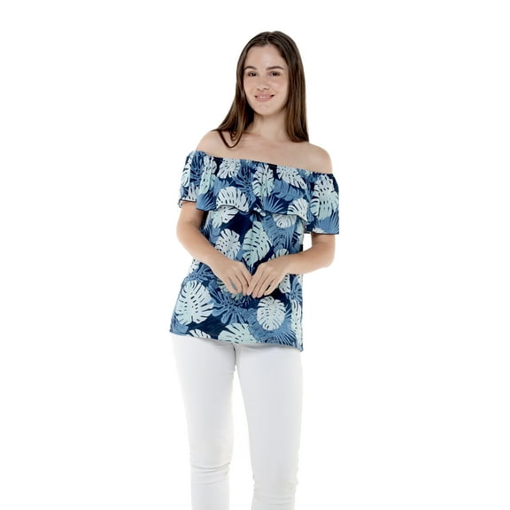 Women's Hawaiian Off-Shoulder Ruffle Muumuu Top in Pacific Palm Navy 2XL