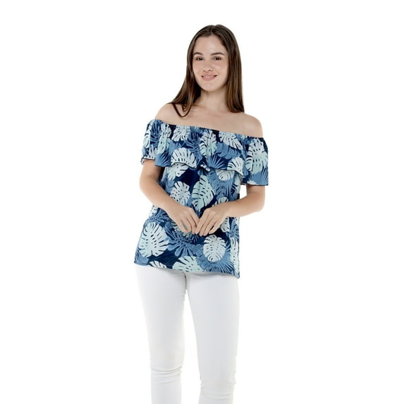 Women's Hawaiian Off-Shoulder Ruffle Muumuu Top in Pacific Palm Navy M