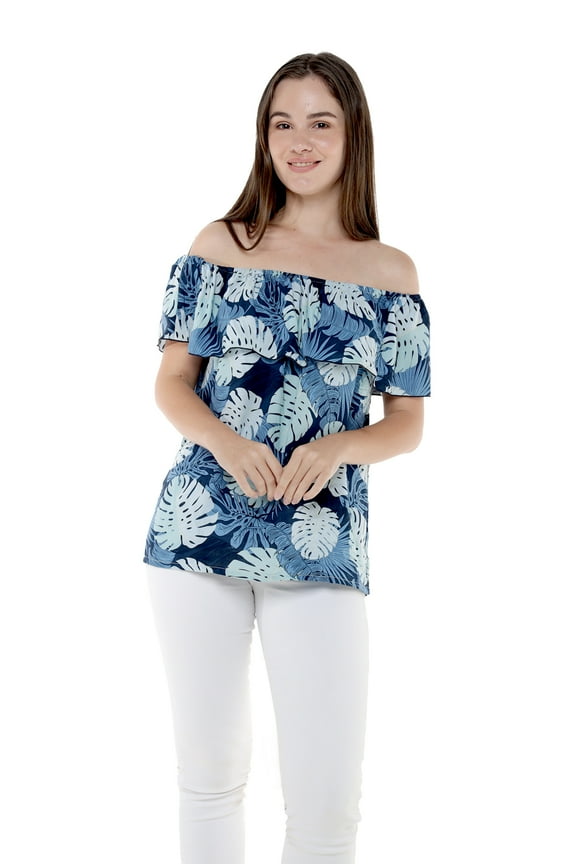 Women's Hawaiian Off-Shoulder Ruffle Muumuu Top in Pacific Palm Navy M