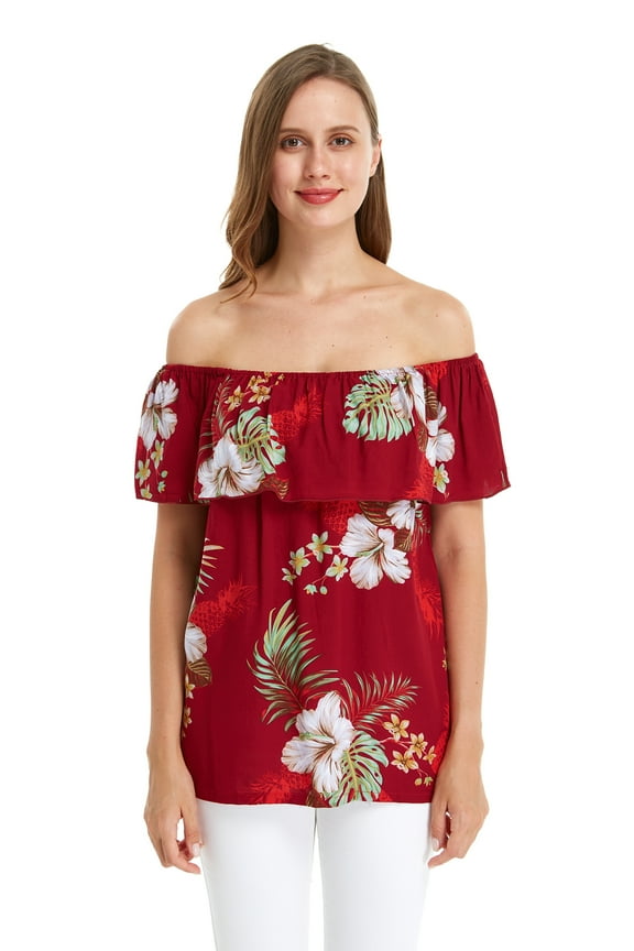 Women's Hawaiian Off-Shoulder Ruffle Muumuu Top in Pineapple Garden Burgundy M