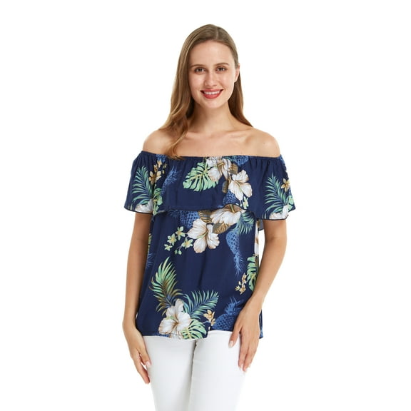 Women's Hawaiian Off-Shoulder Ruffle Muumuu Top in Pineapple Garden Navy 2XL