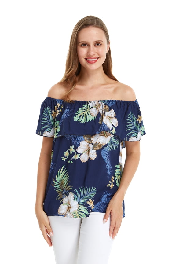 Women's Hawaiian Off-Shoulder Ruffle Muumuu Top in Pineapple Garden Navy 2XL