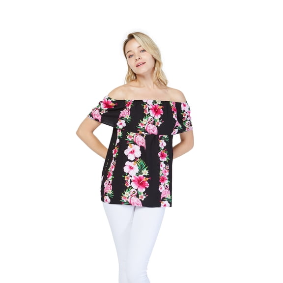 Women's Hawaiian Off-Shoulder Ruffle Muumuu Top in Pink Black Hibiscus Vine 2XL