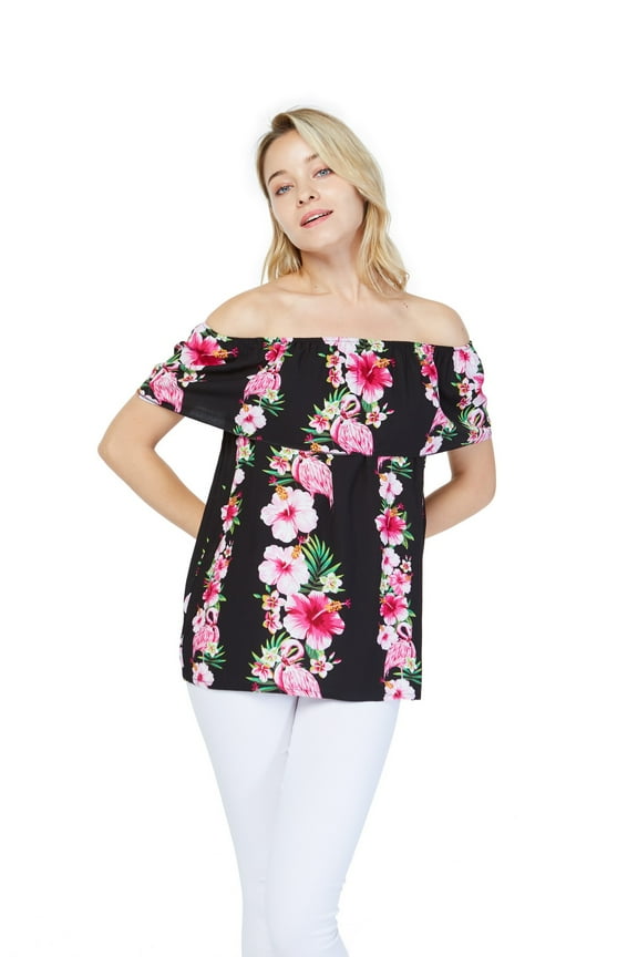 Women's Hawaiian Off-Shoulder Ruffle Muumuu Top in Pink Black Hibiscus Vine 2XL