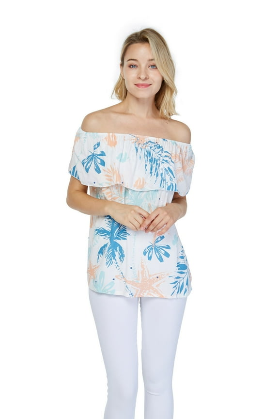 Women's Hawaiian Off-Shoulder Ruffle Muumuu Top in Sandy Beach Cream M