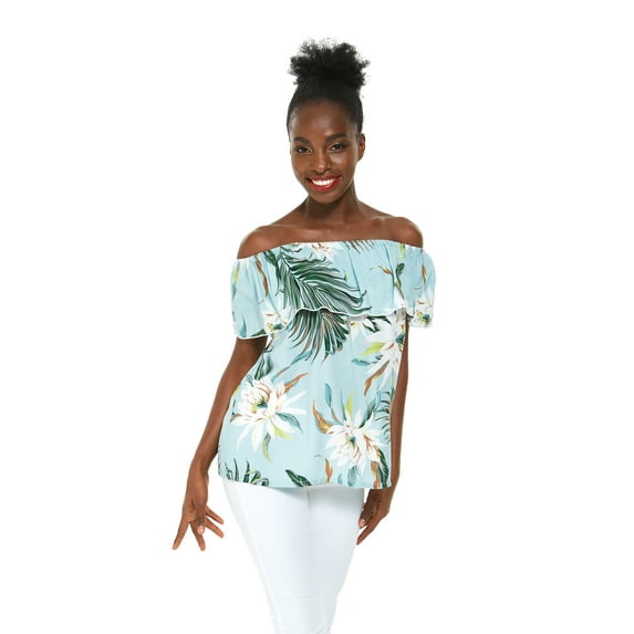 Women's Hawaiian Off-Shoulder Ruffle Muumuu Top in Wispy Cereus Light Blue L