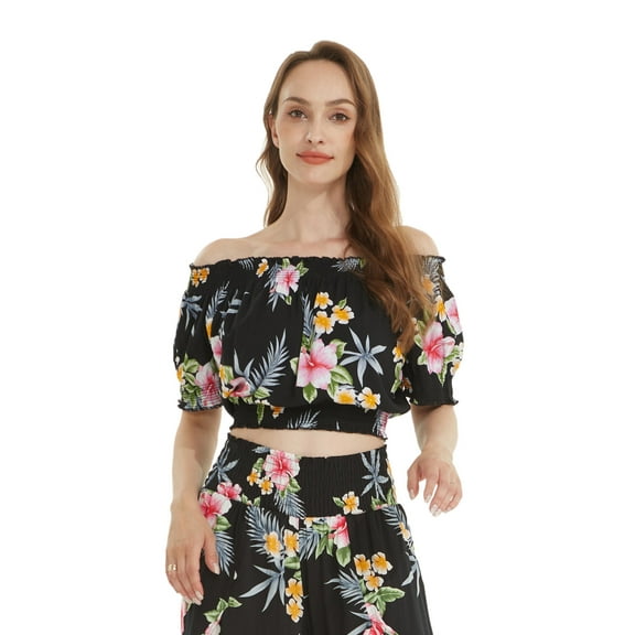 Women's Hawaiian Off-Shoulder Smock Top in Hibiscus Black L