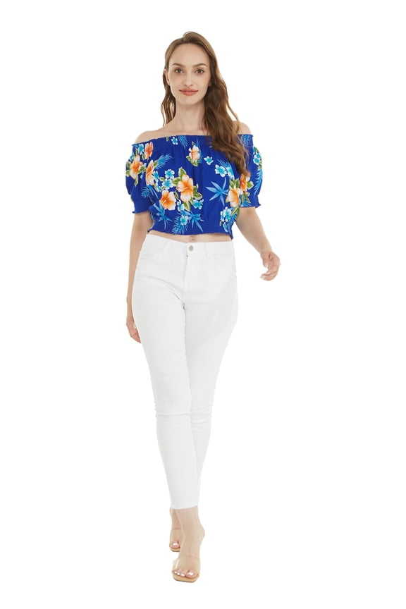 Women's Hawaiian Off-Shoulder Smock Top in Hibiscus Blue 2XL