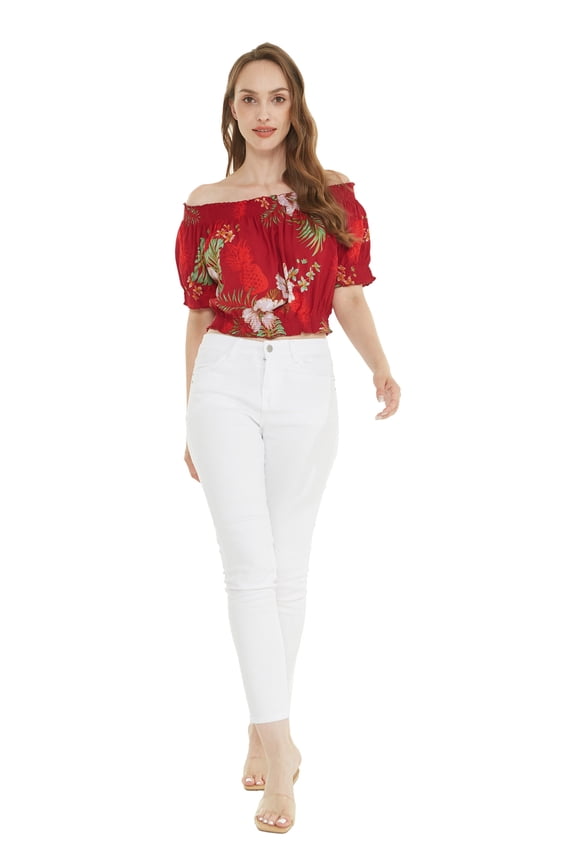 Women's Hawaiian Off-Shoulder Smock Top in Pineapple Garden Burgundy S