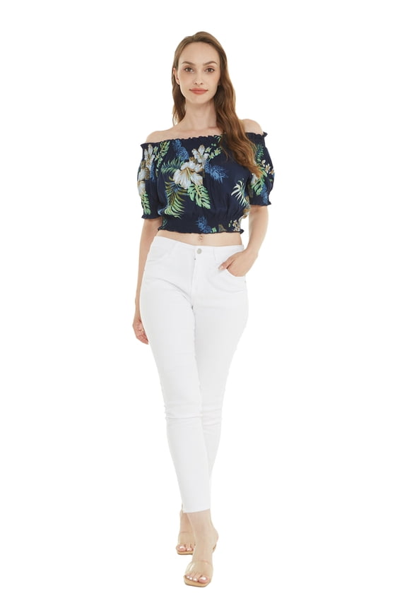 Women's Hawaiian Off-Shoulder Smock Top in Pineapple Garden Navy S