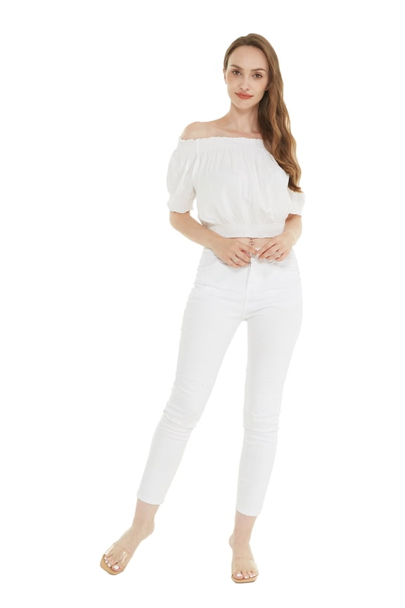 Women's Hawaiian Off-Shoulder Smock Top in Solid White XL