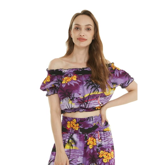 Women's Hawaiian Off-Shoulder Smock Top in Sunset Purple L
