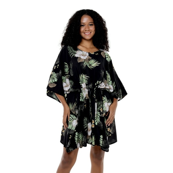 Women's Hawaiian Poncho Luau Dress Pineapple Garden Black