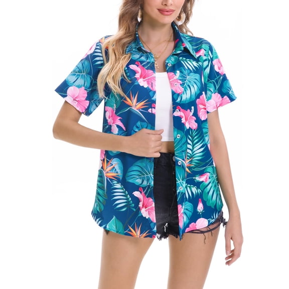 Women's Hawaiian Shirts Summer Floral Tropical Print Short Sleeve Button Down Tops Beach Vacation Collar Casual Blouses