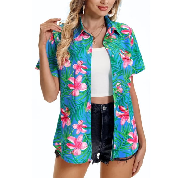 Women's Hawaiian Shirts Summer Floral Tropical Print Short Sleeve Button Down Tops Beach Vacation Collar Casual Blouses