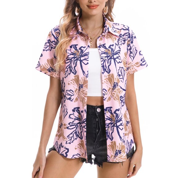 Women's Hawaiian Shirts Summer Floral Tropical Print Short Sleeve Button Down Tops Beach Vacation Collar Casual Blouses