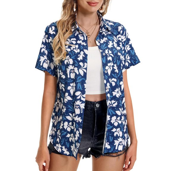 Women's Hawaiian Shirts Summer Floral Tropical Print Short Sleeve Button Down Tops Beach Vacation Collar Casual Blouses