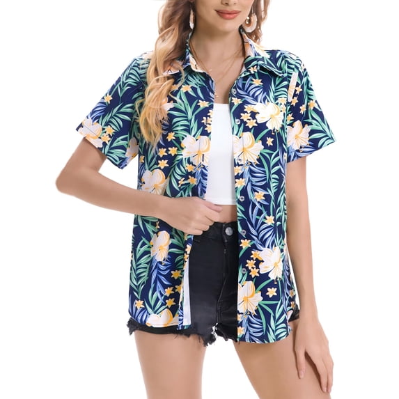 Women's Hawaiian Shirts Summer Floral Tropical Print Short Sleeve ...