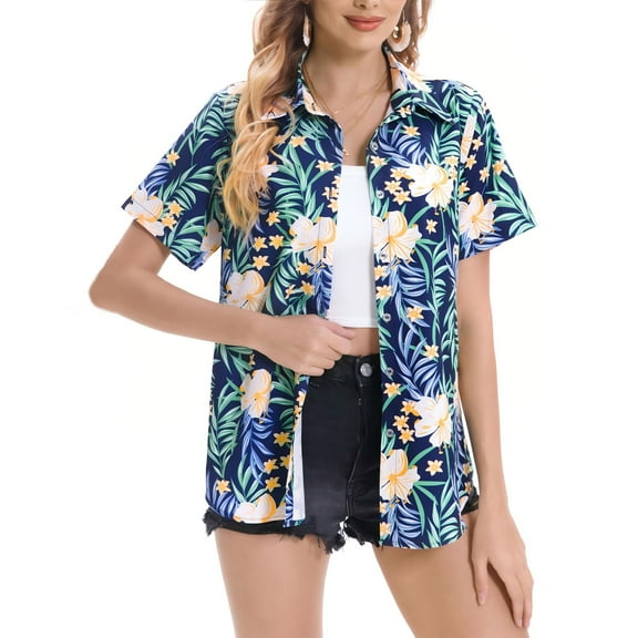 Women's Hawaiian Shirts Summer Floral Tropical Print Short Sleeve Button Down Tops Beach Vacation Collar Casual Blouses