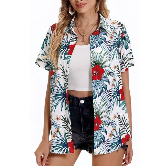 Women's Hawaiian Shirts Summer Floral Tropical Print Short Sleeve Button Down Tops Beach Vacation Collar Casual Blouses