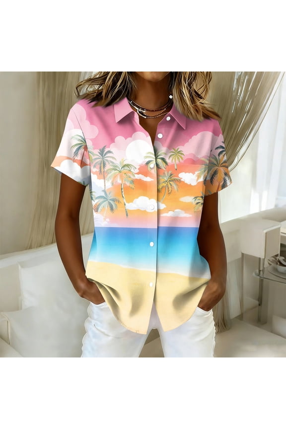 Women's Hawaiian Short Sleeve Blouse Tropical Floral Print Button Up Beach Vacation Cool Tops Pink 2XL
