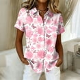 thumbnail image 1 of Women's Hawaiian Summer Beach Shirt Floral Tropic Print Short Sleeve V Neck Button Up Tops Pink 2XL, 1 of 5