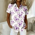 thumbnail image 1 of Women's Hawaiian Summer Beach Shirt Floral Tropic Print Short Sleeve V Neck Button Up Tops Purple M, 1 of 5