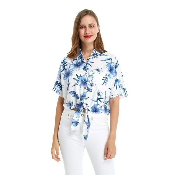 Women's Hawaiian Tie Front Crop Top Aloha Shirt in Day Dream Bloom 2XL