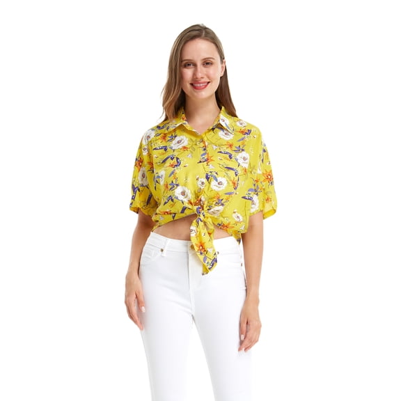 Women's Hawaiian Tie Front Crop Top Aloha Shirt in Garden Poppy Yellow 2XL