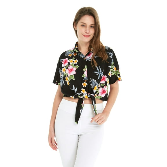 Women's Hawaiian Tie Front Crop Top Aloha Shirt in Hibiscus Black M