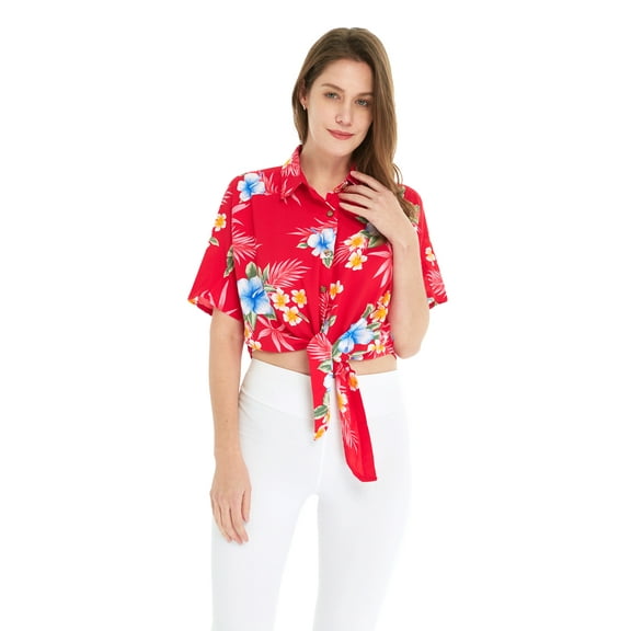 Women's Hawaiian Tie Front Crop Top Aloha Shirt in Hibiscus Red XL