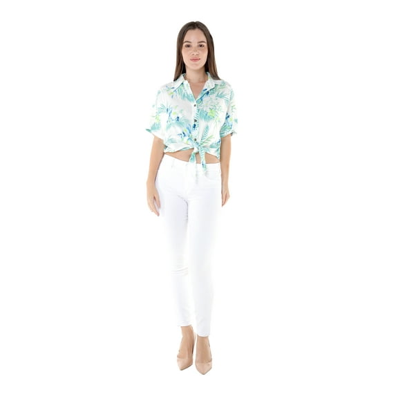 Women's Hawaiian Tie Front Crop Top Aloha Shirt in Orchid Breeze White L