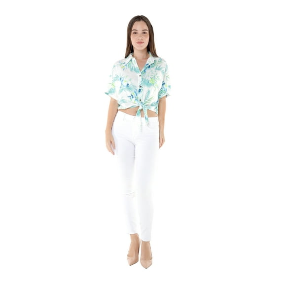 Women's Hawaiian Tie Front Crop Top Aloha Shirt in Orchid Breeze White M