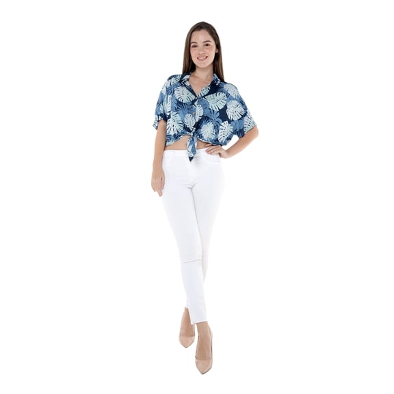 Women's Hawaiian Tie Front Crop Top Aloha Shirt in Pacific Palm Navy 2XL