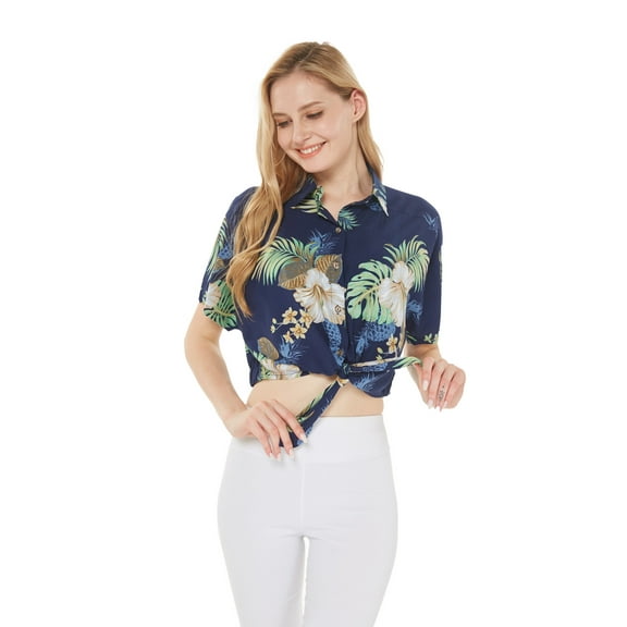 Women's Hawaiian Tie Front Crop Top Aloha Shirt in Pineapple Garden Navy XL