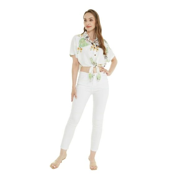 Women's Hawaiian Tie Front Crop Top Aloha Shirt in Pineapple Garden White L