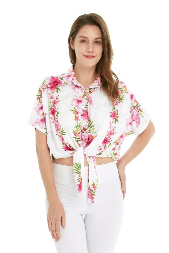 Women's Hawaiian Tie Front Crop Top Aloha Shirt in Pink White Hibiscus Vine L