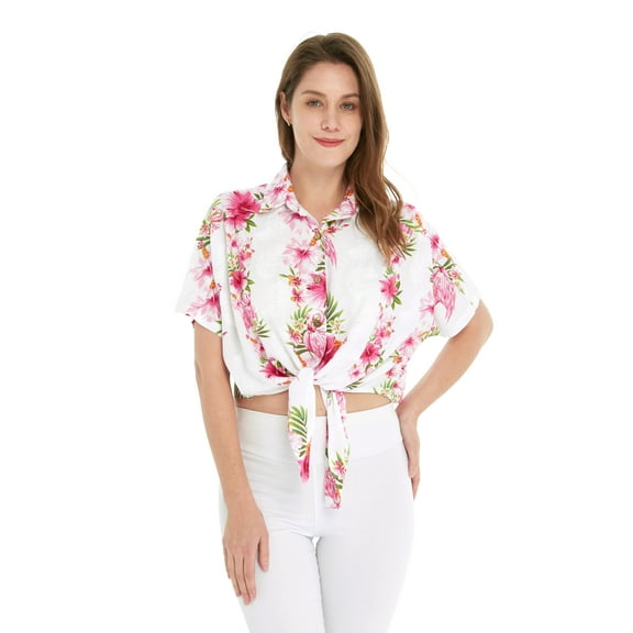 Women's Hawaiian Tie Front Crop Top Aloha Shirt in Pink White Hibiscus Vine M