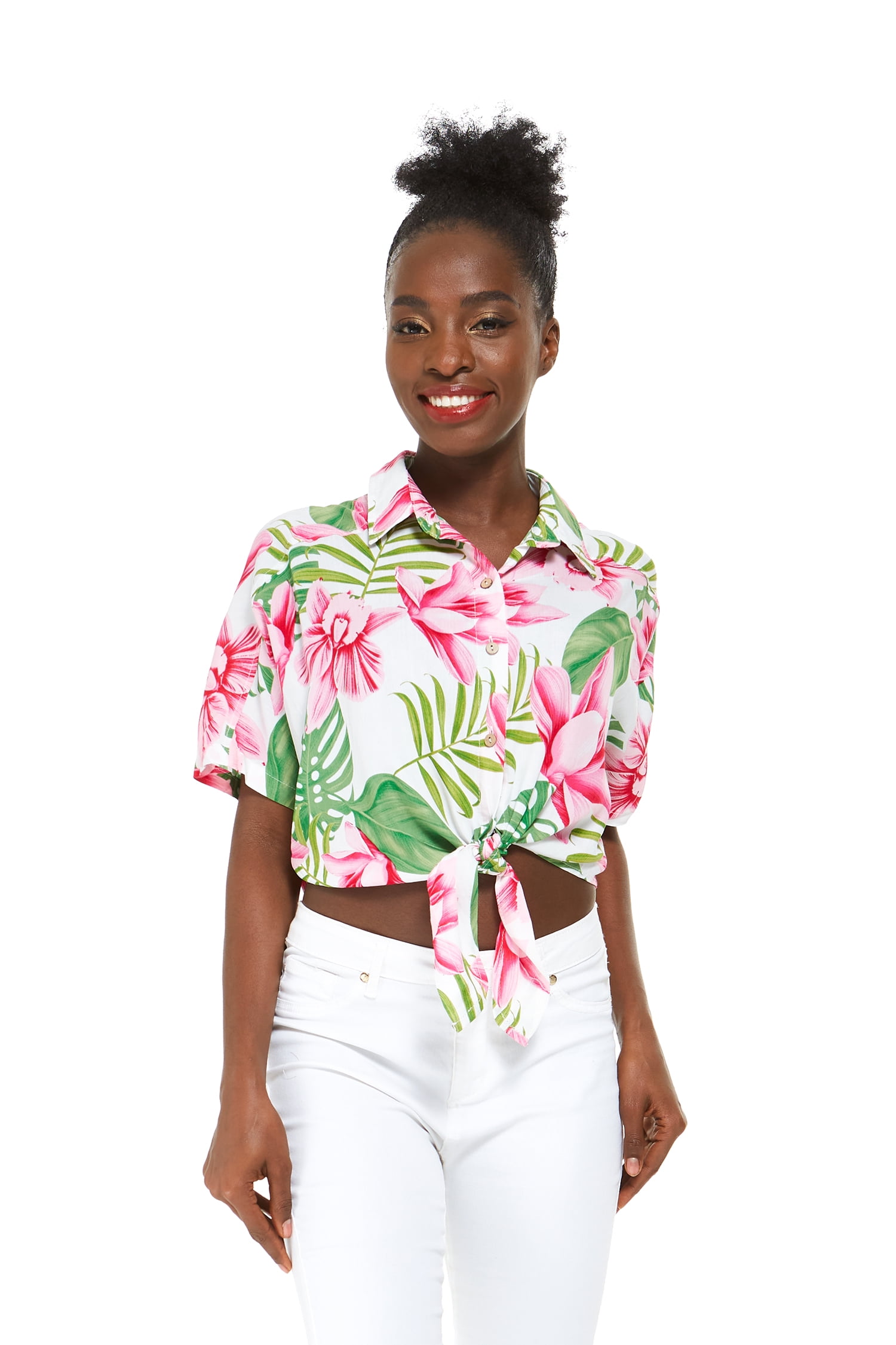 Women's Hawaiian Tie Front Crop Top Aloha Shirt in Sandy Beach