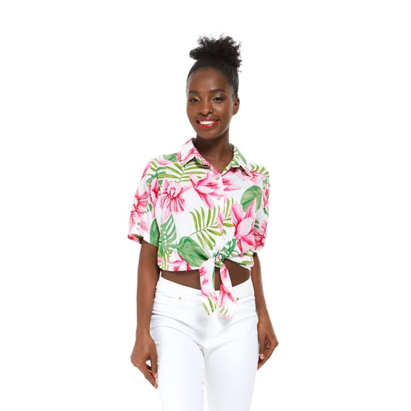 Women's Hawaiian Tie Front Crop Top Aloha Shirt in Sandy Beach Lotus and Orchid L