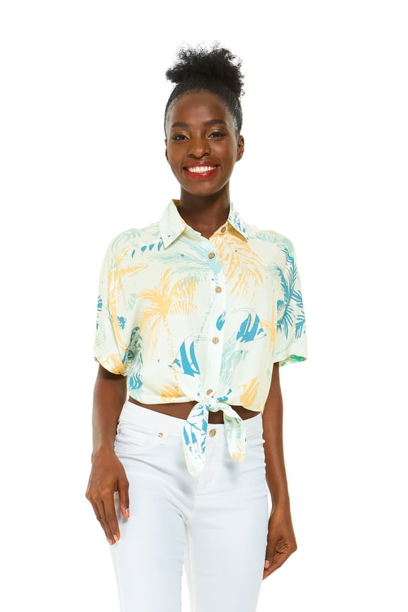 Women's Hawaiian Tie Front Crop Top Aloha Shirt in Sandy Beach Sun Kissed Yellow 2XL