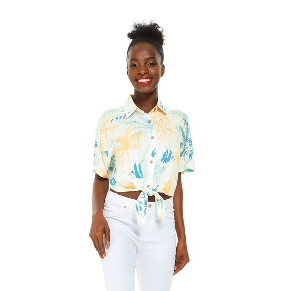 Women's Hawaiian Tie Front Crop Top Aloha Shirt in Sandy Beach Sun Kissed Yellow S