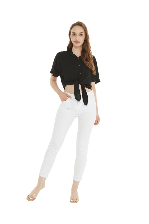 Women's Hawaiian Tie Front Crop Top Aloha Shirt in Solid Black L